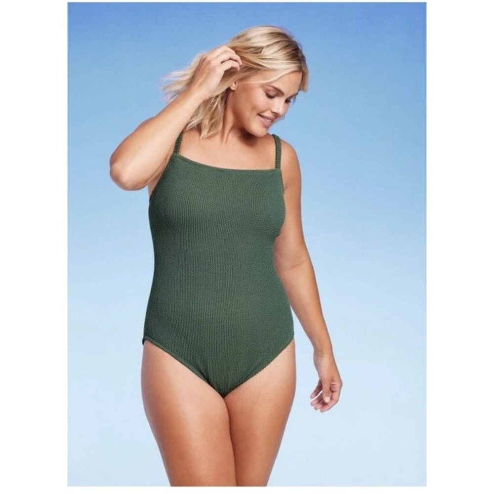 Kona Sol Womens XL Olive Green Smocked Waffle One Piece Swimsuit Open Back XL - Picture 3 of 6